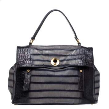 Pre Owned Saint Laurent Black Croc Embossed Nubuck Leather Large Muse Two Bag