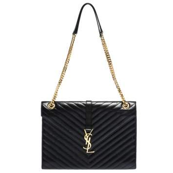 Pre Owned Saint Laurent Black Chevron Quilted Leather Monogram Envelope Shoulder Bag