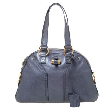 Pre Owned Saint Laurent Metallic Grey Leather Muse Satchel