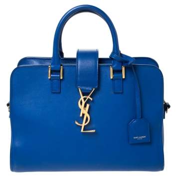Pre Owned Saint Laurent Blue Leather Baby Monogram Cabas Tote