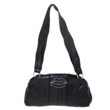 Pre Owned Yves Saint Laurent Black Pleated Leather Lips Flap Shoulder Bag