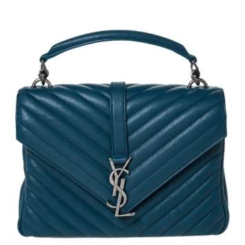 Pre Owned Saint Laurent Teal Chevron Quilted Soft Leather Monogram Envelope Flap Shoulder Bag