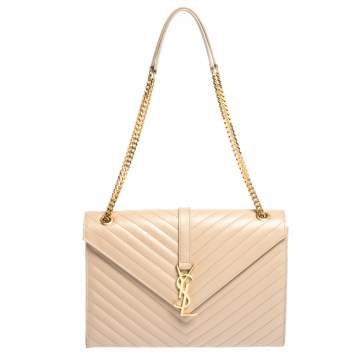 Pre Owned Saint Laurent Beige Chevron Quilted Leather Monogram Envelope Shoulder Bag