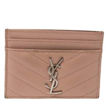 Pre Owned Saint Laurent Light Pink Matelassé Grained Leather Monogram Card Holder