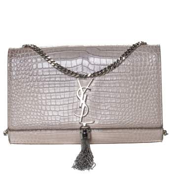 Pre Owned Saint Laurent Vanilla Croc Embossed Leather Medium Kate Tassel Shoulder Bag