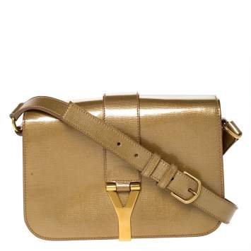 Pre Owned Saint Laurent Gold Patent Leather Medium Chyc Flap Bag