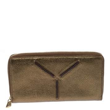 Pre Owned Saint Laurent Metallic Gold Grained Leather Zip Around Wallet