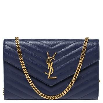 Pre Owned Saint Laurent Midnight Blue Matelasee Leather Monogram Envelope Wallet-On-Chain