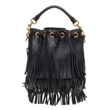 Pre Owned Saint Laurent Black Leather Small Emmanuelle Fringed Bucket Bag