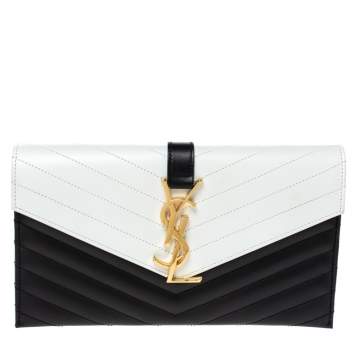 Pre Owned Saint Laurent Black/White Matelassé Leather Envelope Clutch        