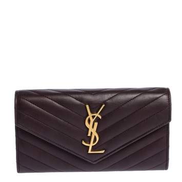 Pre Owned Saint Laurent Burgundy Matelasse Leather Monogram Envelope Wallet