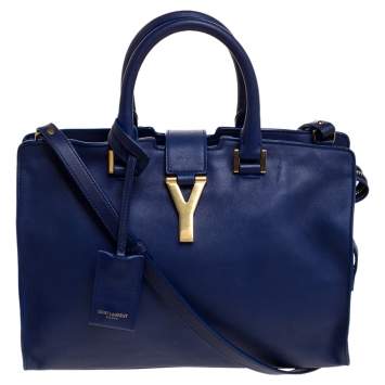 Pre Owned Saint Laurent Blue Leather Small Cabas Ligne Y Tote