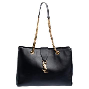 Pre Owned Saint Laurent Black Leather Cassandre Chain Strap Shopper Tote            