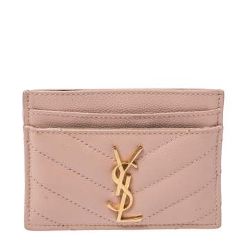 Pre Owned Saint Laurent Beige Matelasse Leather Monogram Card Holder