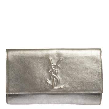 Pre Owned Saint Laurent Metallic Silver Leather Belle De Jour Flap Clutch