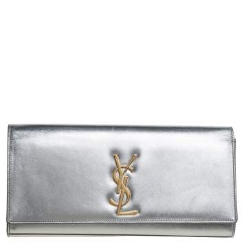 Pre Owned Saint Laurent Metallic Silver Leather Kate Monogram Clutch