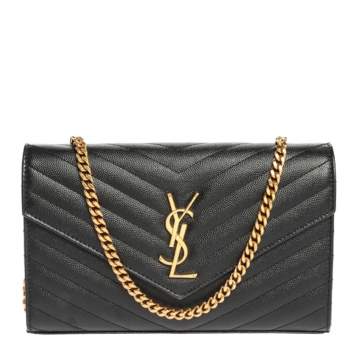 Pre Owned Saint Laurent Black Matelasse Leather Monogram Envelope Wallet on Chain