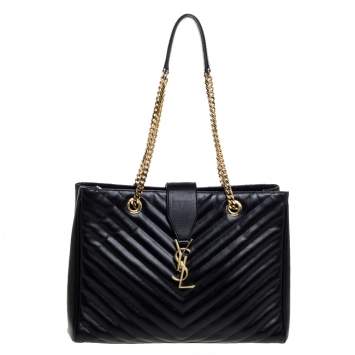 Pre Owned Saint Laurent Black Matelasse Leather Cassandre Shopper Tote