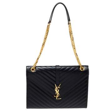 Pre Owned Saint Laurent Black Chevron Quilted Leather Monogram Envelope Shoulder Bag
