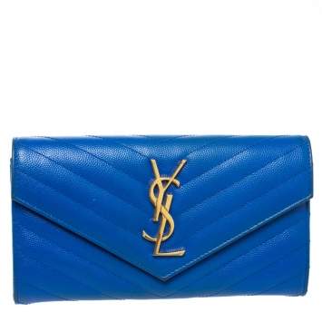 مملوكة مسبقًا Saint Laurent Blue Matelassé Leather Monogram Flap Wallet