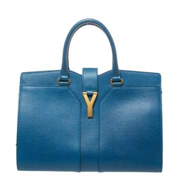 Pre Owned Saint Laurent Blue Leather Medium Cabas Chyc Tote