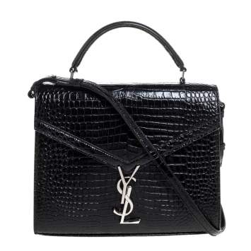 Pre Owned Saint Laurent Black Croc Embossed Leather Cassandra Top Handle Bag