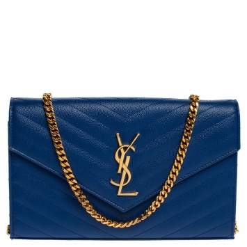 Pre Owned Saint Laurent Blue Matelasse Leather Monogram Envelope Wallet on Chain