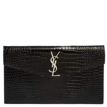 Pre Owned Saint Laurent Black Croc Embossed Leather Uptown Clutch