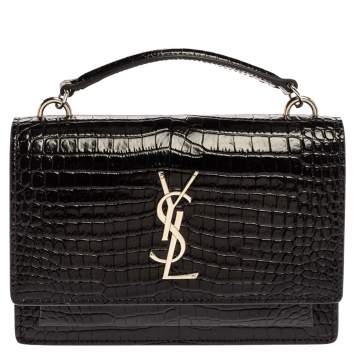 Pre Owned Saint Laurent Black Croc Embossed Leather Small Sunset Shoulder Bag