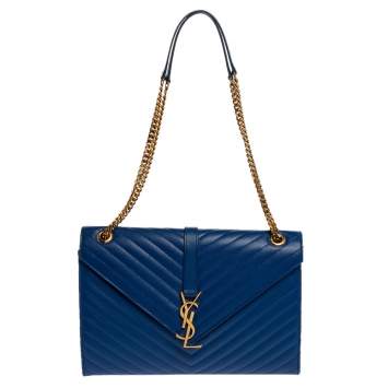 Pre Owned Saint Laurent Blue Matelasse Leather Large Cassandre Flap Bag