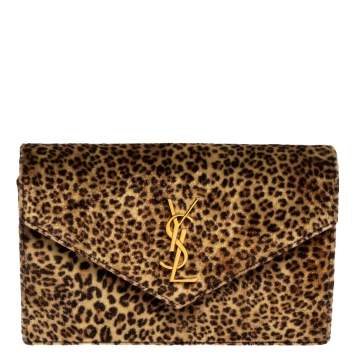 Pre Owned Saint Laurent Beige/Brown Leopard Print Velvet Wallet on Chain