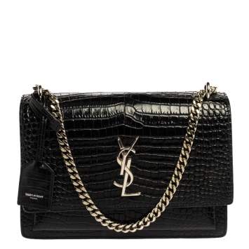 Pre Owned Saint Laurent Black Croc Embossed Leather Medium Sunset Shoulder Bag