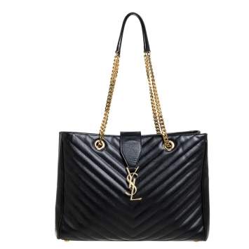 Pre Owned Saint Laurent Black Matelasse Leather Cassandre Shopper Tote