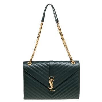 Pre Owned Saint Laurent Green Chevron Quilted Leather Monogram Envelope Shoulder Bag