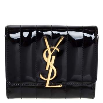 Pre Owned Saint Laurent Paris Black Patent Leather Vicky Trifold Wallet