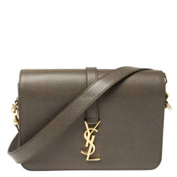 Pre Owned Saint Laurent Green Khaki Leather Medium Monogram Université Flap Shoulder Bag