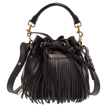 Pre Owned Saint Laurent Black Leather Small Emmanuelle Fringed Bucket Bag