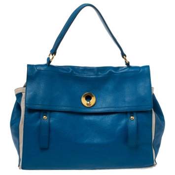 Pre Owned Saint Laurent Blue/Ivory Leather and Canvas Large Muse Two Bag