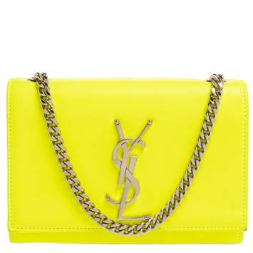 Pre Owned Saint Laurent Neon Green Leather Small Monogram Kate Shoulder Bag