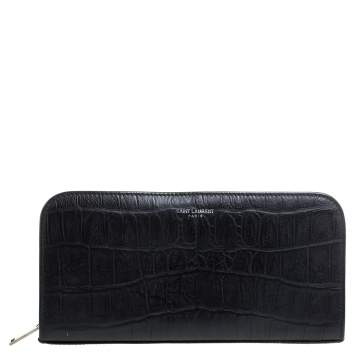 مملوكة مسبقًا Saint Laurent Black Croc Embossed Leather Classic Zip Around Wallet