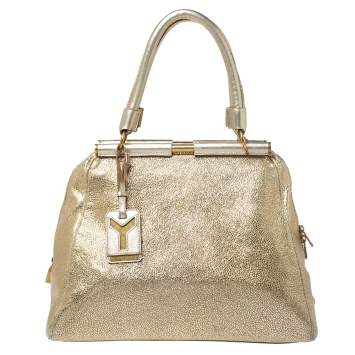 Pre Owned Saint Laurent Gold Textured Leather Medium Majorelle Tote