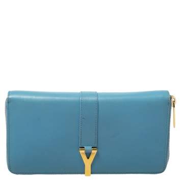 مملوكة مسبقًا Saint Laurent Blue Leather Classic Y-Ligne Zip Around Wallet