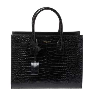 Pre Owned Saint Laurent Black Croc Embossed Leather Baby Classic Sac De Jour Tote