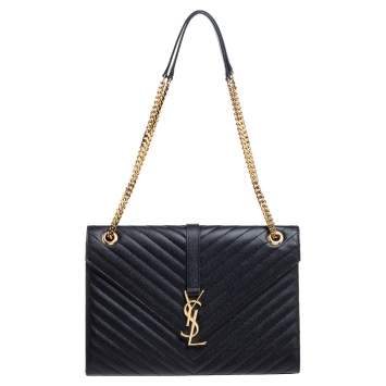 Pre Owned Saint Laurent Black Chevron Quilted Leather Monogram Envelope Shoulder Bag