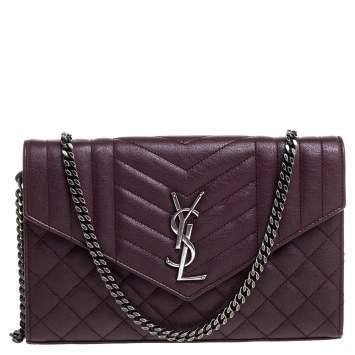 مملوكة مسبقًا Saint Laurent Burgundy Tri Quilted Leather Monogram Envelope Wallet on Chain