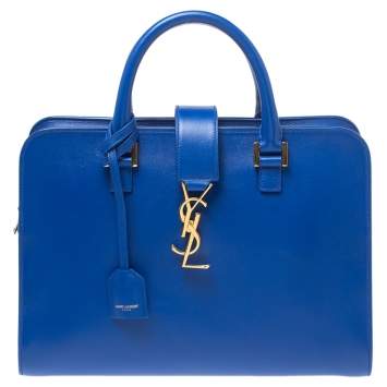 Pre Owned Saint Laurent Blue Leather Small Cabas Tote