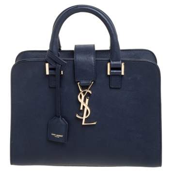 Pre Owned Saint Laurent Blue Leather Baby Monogram Cabas Tote