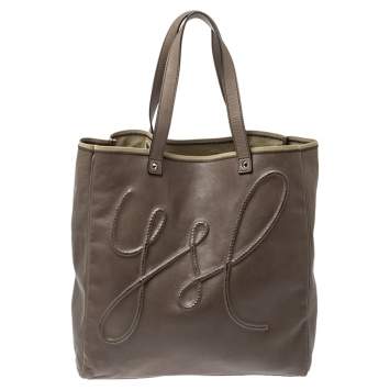 Pre Owned Saint Laurent Khaki Leather Shopper Tote