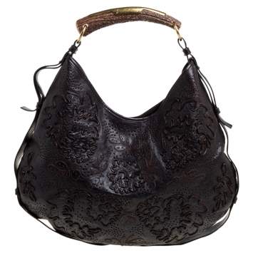 Pre Owned Saint Laurent Dark Brown Embroidered Leather Mombasa Hobo 