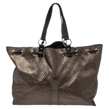 Pre Owned Saint Laurent Metallic Beige/Black Leather Large Reversible Double Sac Y Tote